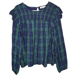 Vineyard Vines Blouse Womens XL Blue Green Tartan Plaid Ruffle Smocked Top